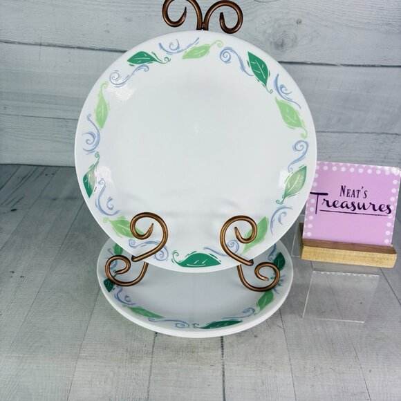 Corelle By Corning SPEARMINT Light & Dark Leaves Blue Scroll Dinner Plates Set 4
